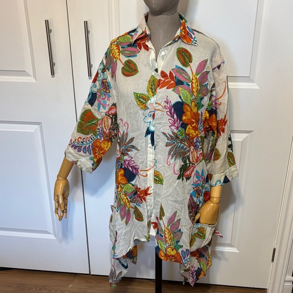 Orange Fashion Village Tops - Orange Fashion Village Floral Tunic - White with Blue Green, Orange & Pink NWT